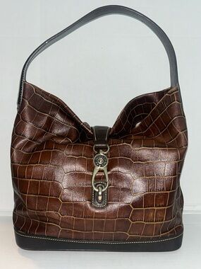 Dooney & Bourke Brown Croc Embossed Leather Logo Lock Hobo Bag